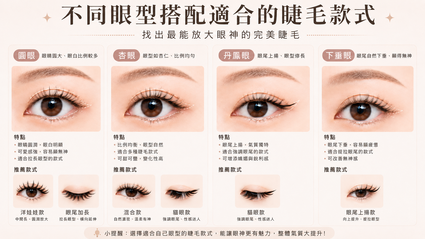不同眼型(圓眼、杏眼、丹鳳眼、下垂眼)搭配適合睫毛款式的對照示意圖